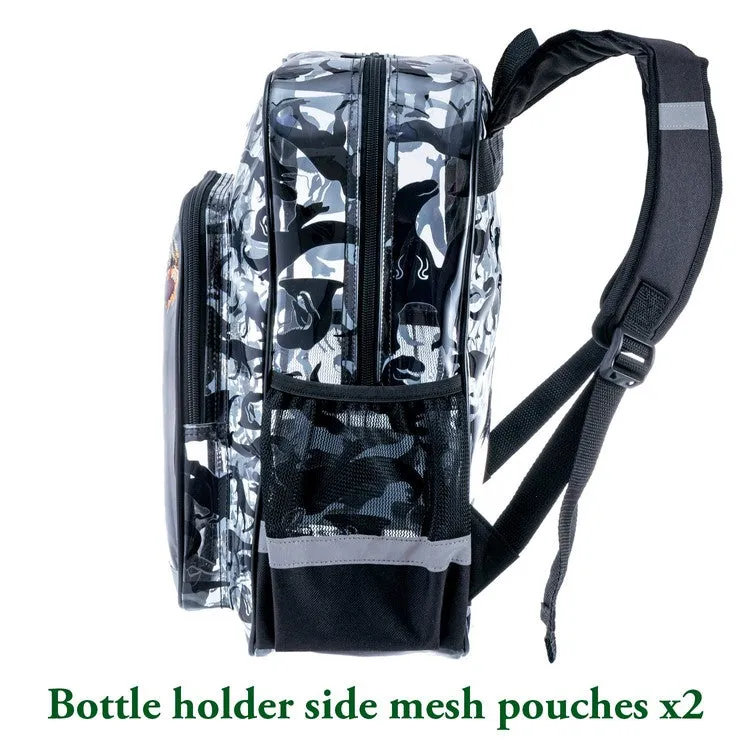 16 Inch Clear PVC School Backpack with Tyrannosaurus Rex, Dinosaur Silhouette Pattern, and Black Trim