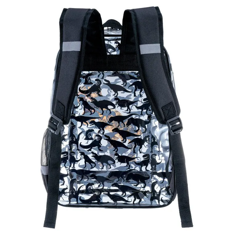 16 Inch Clear PVC School Backpack with Tyrannosaurus Rex, Dinosaur Silhouette Pattern, and Black Trim