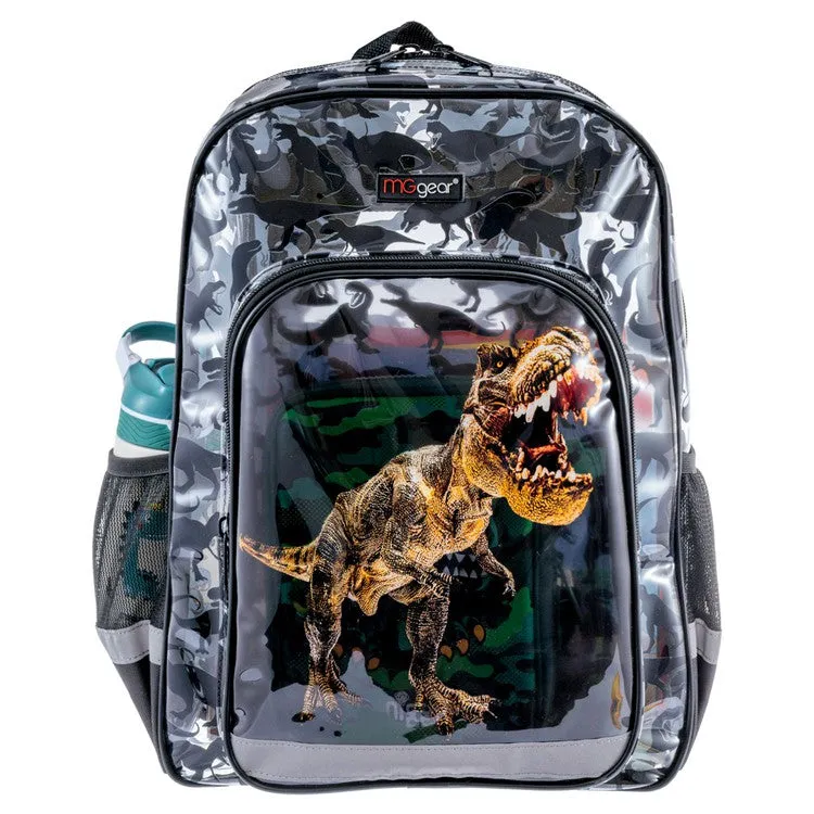16 Inch Clear PVC School Backpack with Tyrannosaurus Rex, Dinosaur Silhouette Pattern, and Black Trim