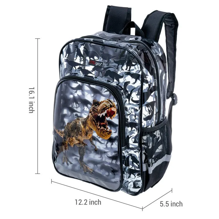 16 Inch Clear PVC School Backpack with Tyrannosaurus Rex, Dinosaur Silhouette Pattern, and Black Trim