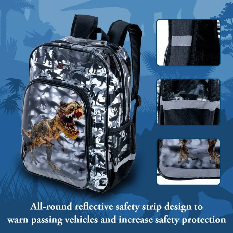 16 Inch Clear PVC School Backpack with Tyrannosaurus Rex, Dinosaur Silhouette Pattern, and Black Trim