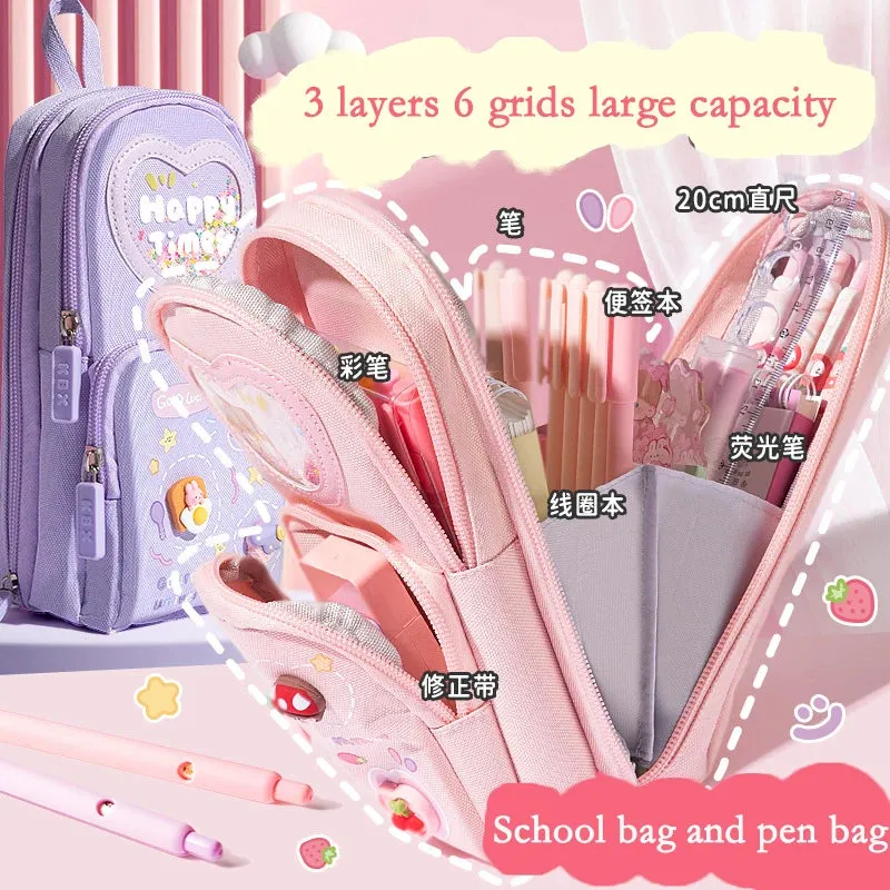 1pcs Patch Design Large Capacity Canvas Pencil Bag for Girls