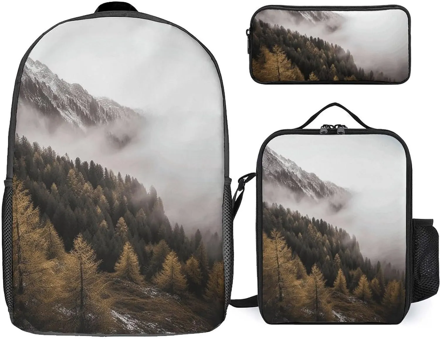 3-in-1 Backpack Combo Set, Trees And Mountain by Fog Print Backpack And Lunch-bag Backpack with Lunch Bag 3 Piece Set Backpack Lunch Bag Combo