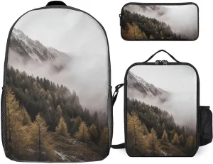 3-in-1 Backpack Combo Set, Trees And Mountain by Fog Print Backpack And Lunch-bag Backpack with Lunch Bag 3 Piece Set Backpack Lunch Bag Combo