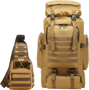 80L 2Pcs Hiking Backpack for Men with Sling Tactical Backpack - Rucksack Molle Military Tactical Waterproof Lightweight Camping Backpack 3 Day Assault Pack for Travel, Climbing, Backpacking
