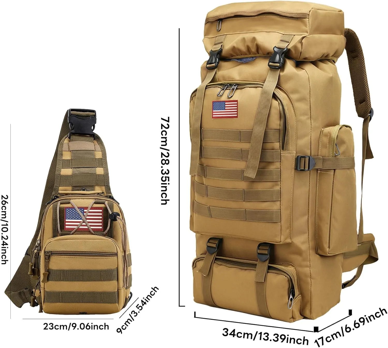 80L 2Pcs Hiking Backpack for Men with Sling Tactical Backpack - Rucksack Molle Military Tactical Waterproof Lightweight Camping Backpack 3 Day Assault Pack for Travel, Climbing, Backpacking