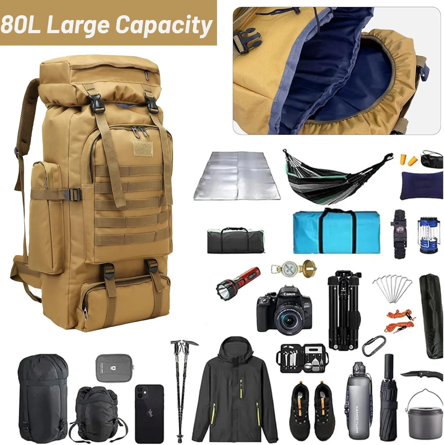 80L 2Pcs Hiking Backpack for Men with Sling Tactical Backpack - Rucksack Molle Military Tactical Waterproof Lightweight Camping Backpack 3 Day Assault Pack for Travel, Climbing, Backpacking