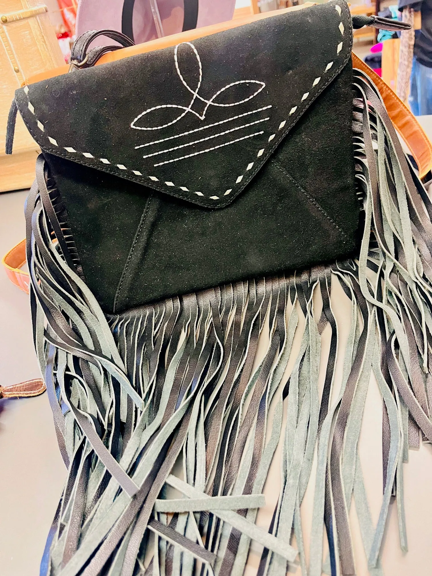 Black Suede Leather Bootstitch Fringe Crossbody