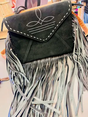 Black Suede Leather Bootstitch Fringe Crossbody