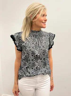 Blk/Wht Aztec Flutter Slv Top w Fringe