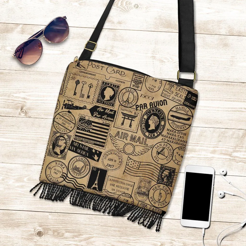 Boho Bag (Canvas) - Vintage Postal Marks | Gift Idea, Hobo Slouchy Bag Crossbody, Shoulder Bags for Women Hobo, Boho Hobo Bag