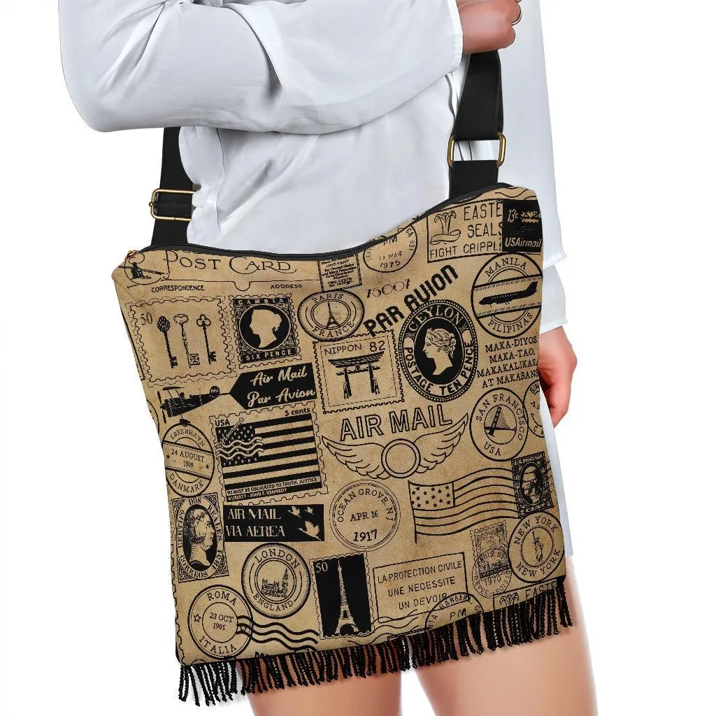 Boho Bag (Canvas) - Vintage Postal Marks | Gift Idea, Hobo Slouchy Bag Crossbody, Shoulder Bags for Women Hobo, Boho Hobo Bag