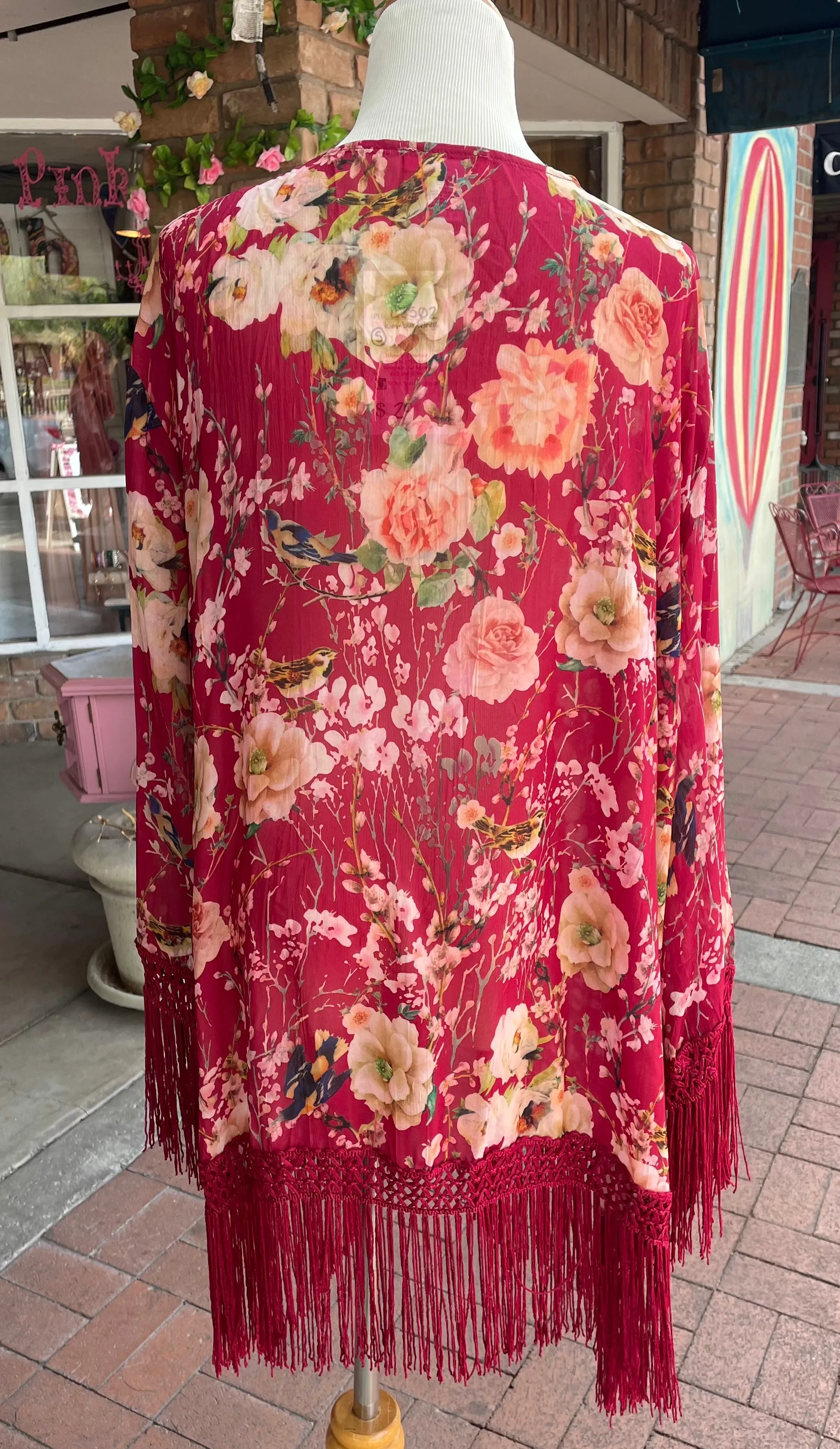 Burgundy Floral Birds Fringe Kimono