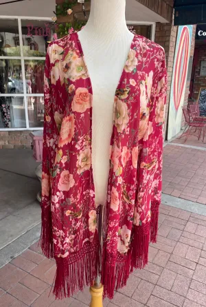 Burgundy Floral Birds Fringe Kimono