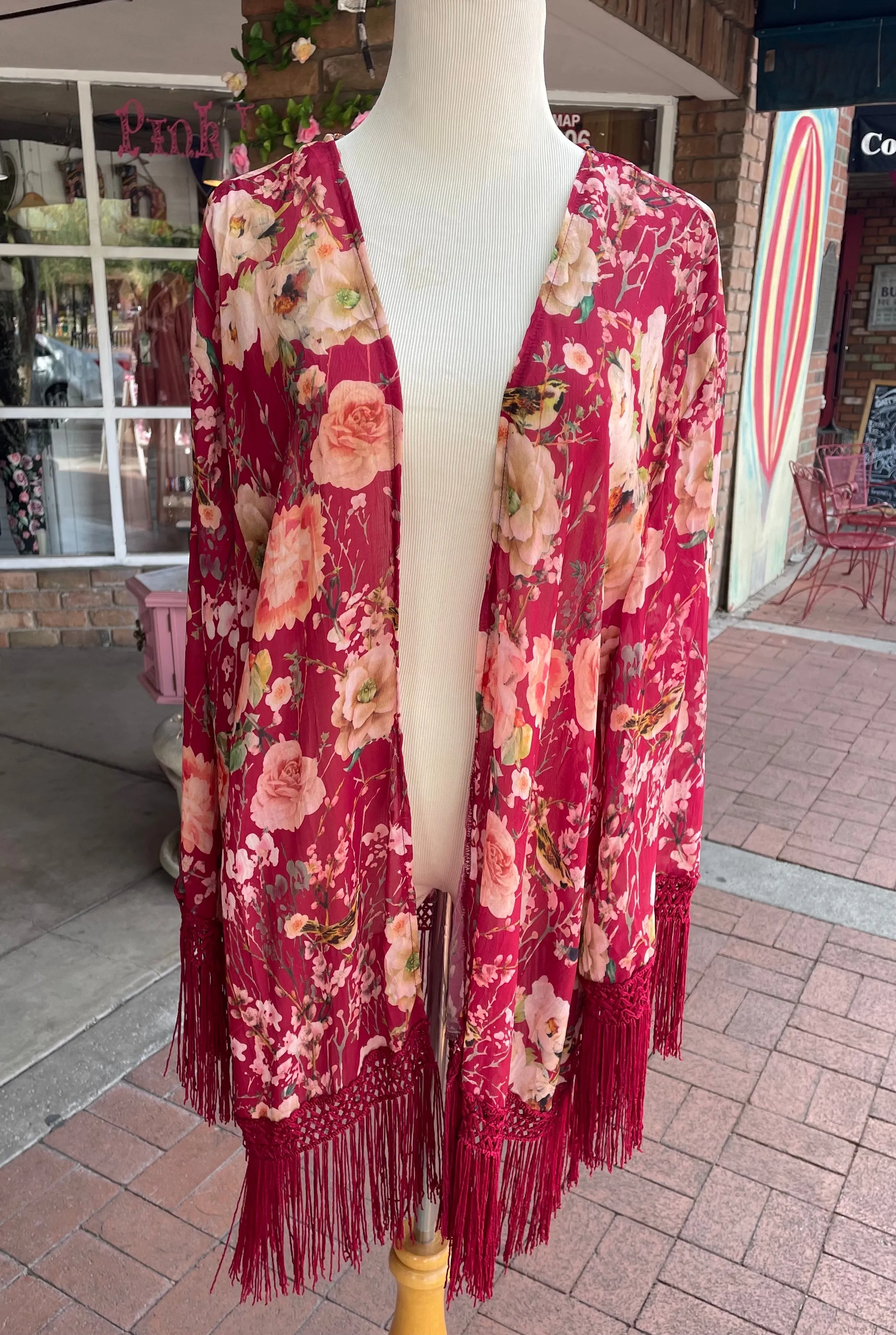 Burgundy Floral Birds Fringe Kimono