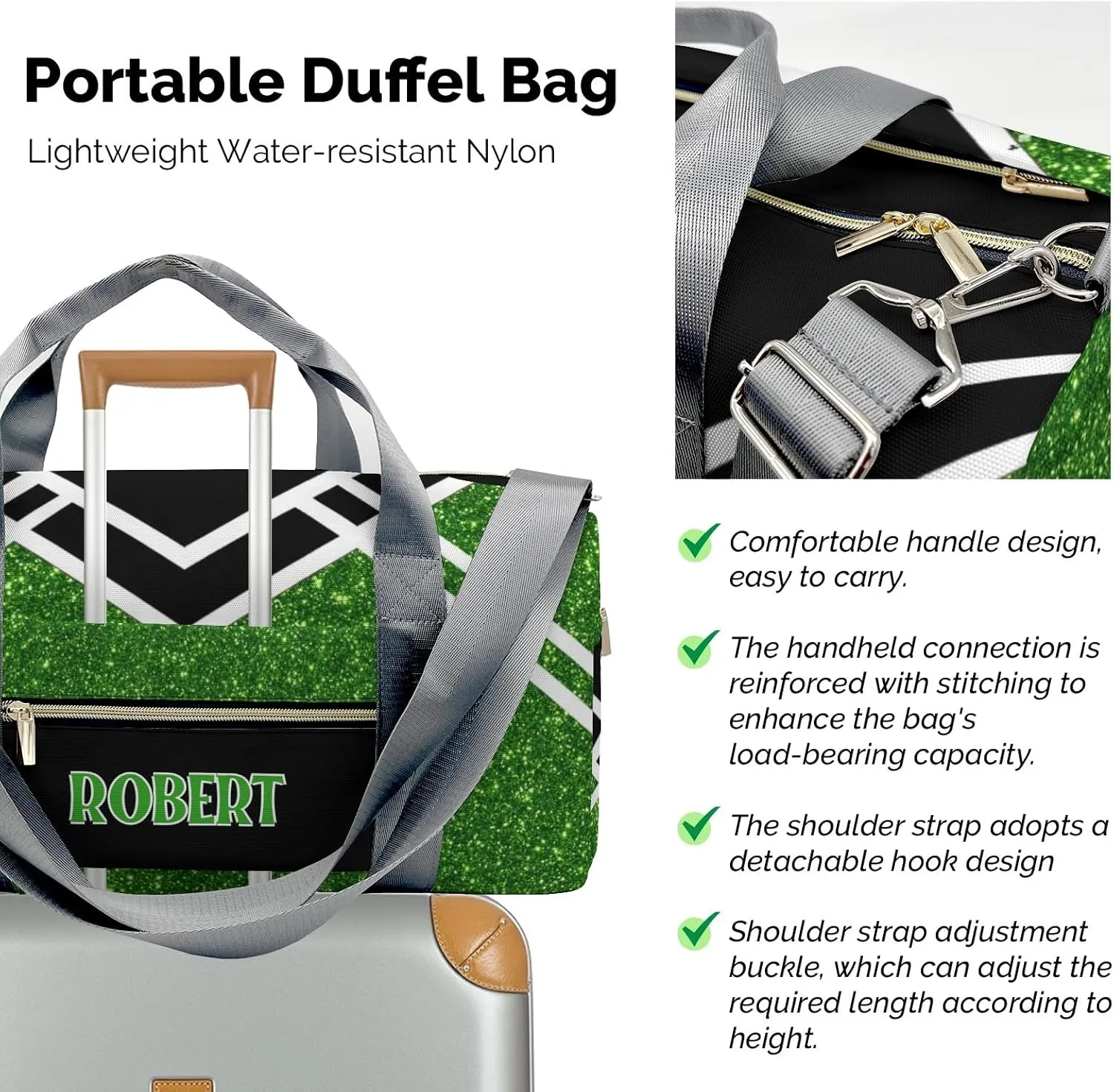 Cheerleader Green Glitter Personalized Duffel Bag with Name Custom Travel Bag Weekend Overnight Bag with Shoe Compartmen for Women Sports Gym Gymnastic Bags