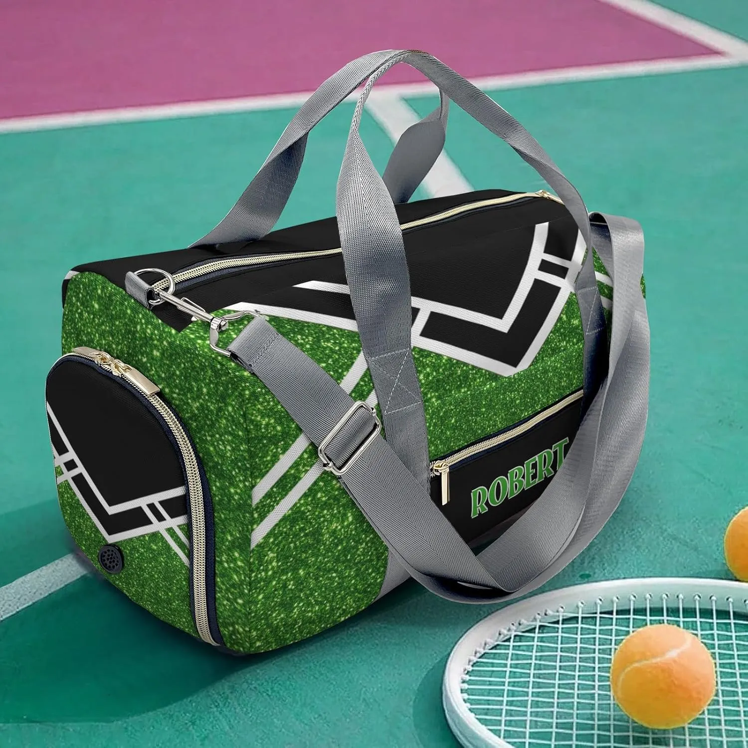 Cheerleader Green Glitter Personalized Duffel Bag with Name Custom Travel Bag Weekend Overnight Bag with Shoe Compartmen for Women Sports Gym Gymnastic Bags
