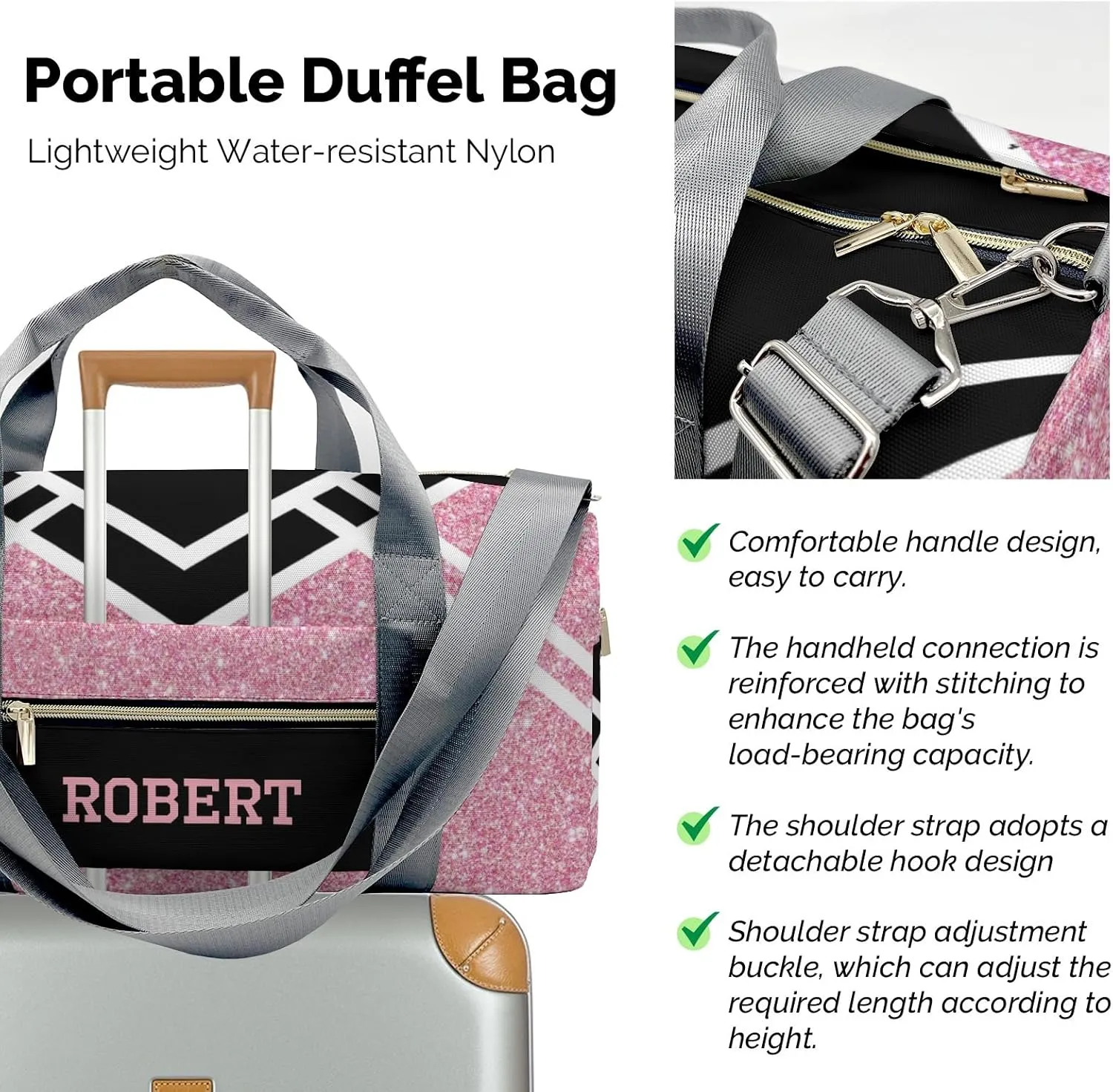 Cheerleader Peach Glitter Personalized Duffel Bag with Name Custom Travel Bag Weekend Overnight Bag with Shoe Compartmen for Women Sports Gym Gymnastic Bags