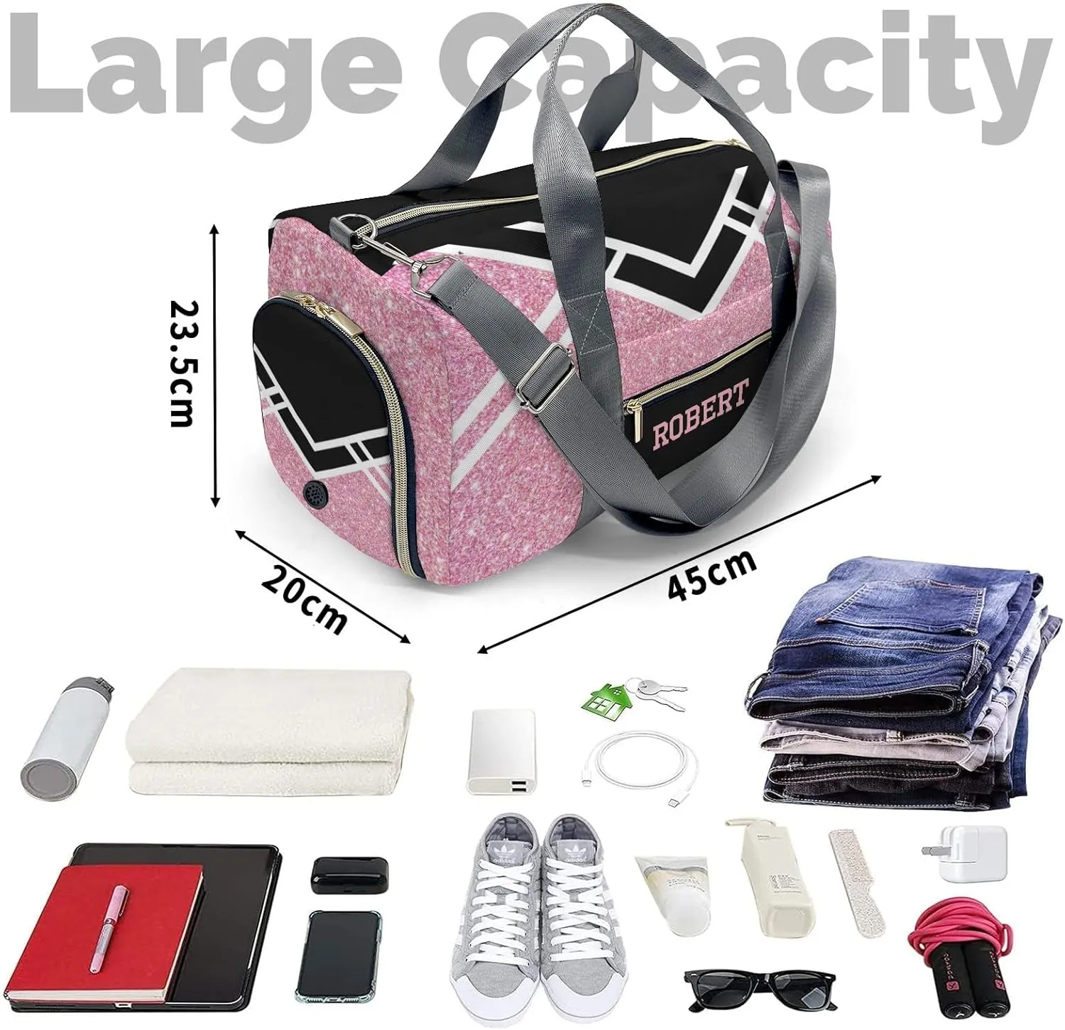 Cheerleader Peach Glitter Personalized Duffel Bag with Name Custom Travel Bag Weekend Overnight Bag with Shoe Compartmen for Women Sports Gym Gymnastic Bags