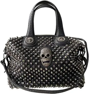 Downupdown Women Handbag Satchel Bag Rivet Skull Purse PU Leather Top Handle Bag Shoulder Crossbody Bag Punk Bag