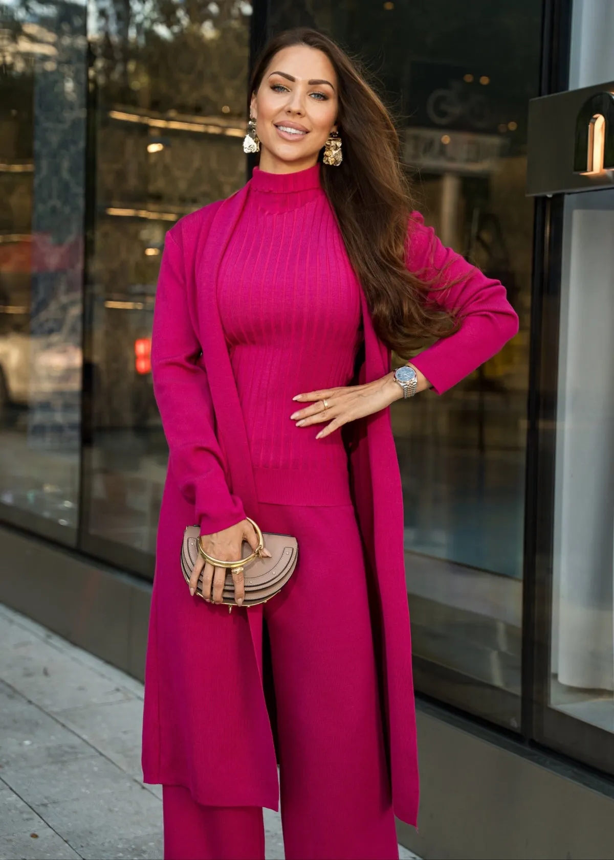 Eirini Knitted Three-Piece Pants Set - Fuchsia Pink