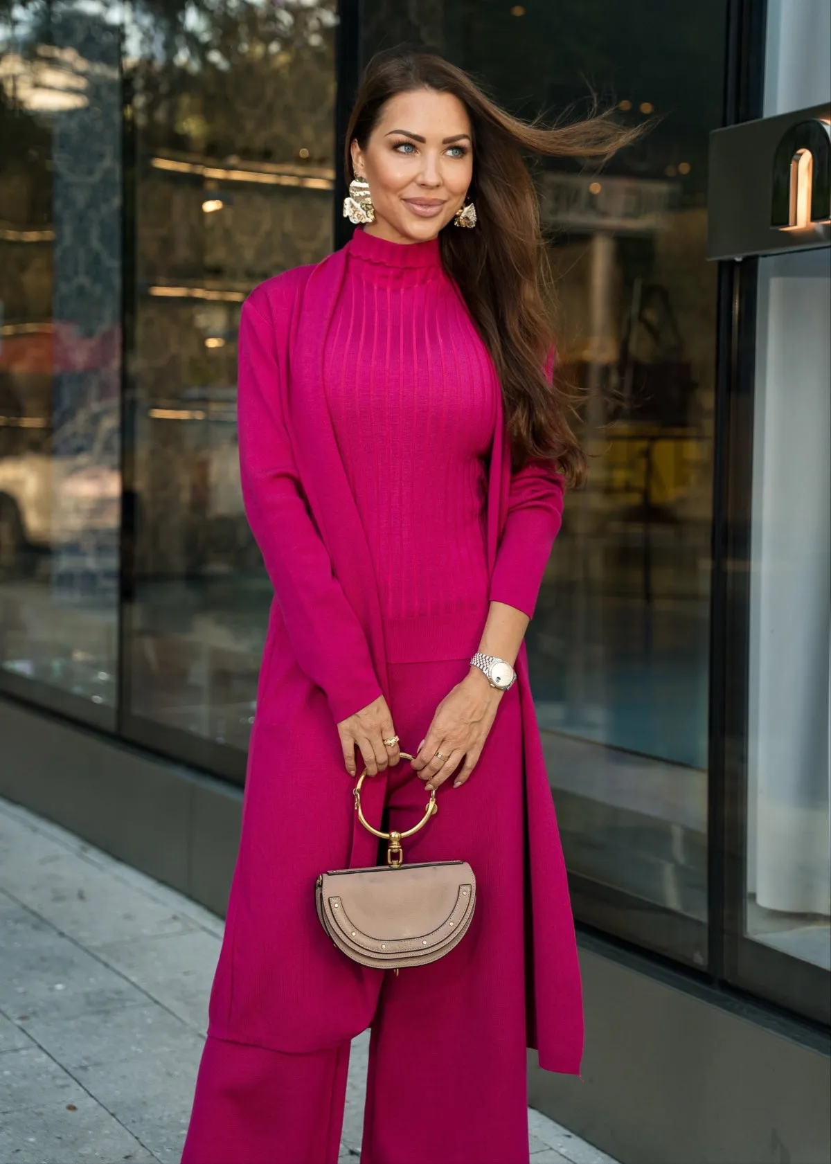 Eirini Knitted Three-Piece Pants Set - Fuchsia Pink