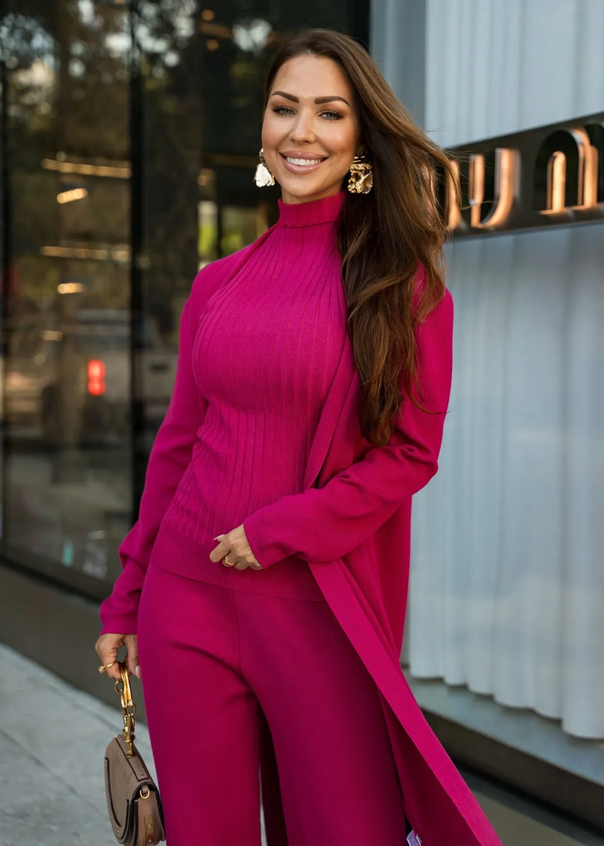 Eirini Knitted Three-Piece Pants Set - Fuchsia Pink