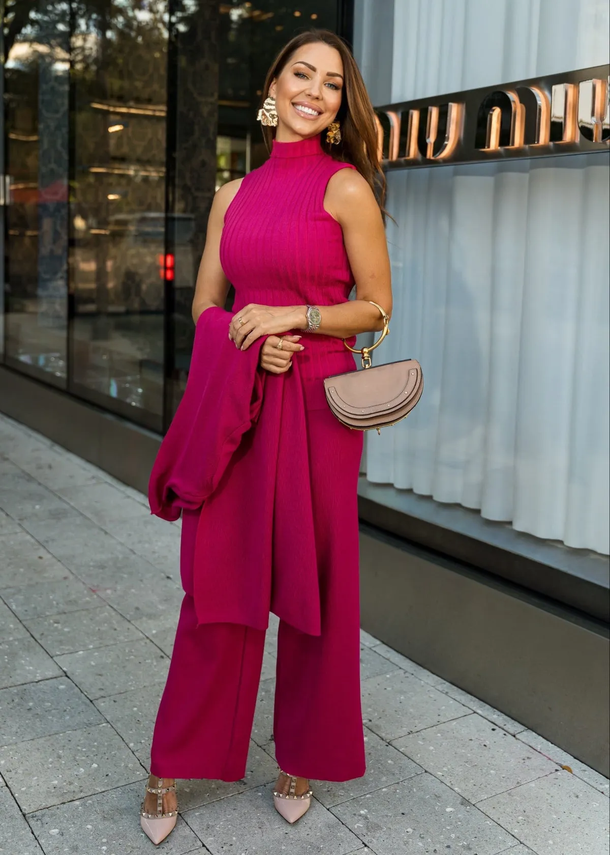 Eirini Knitted Three-Piece Pants Set - Fuchsia Pink