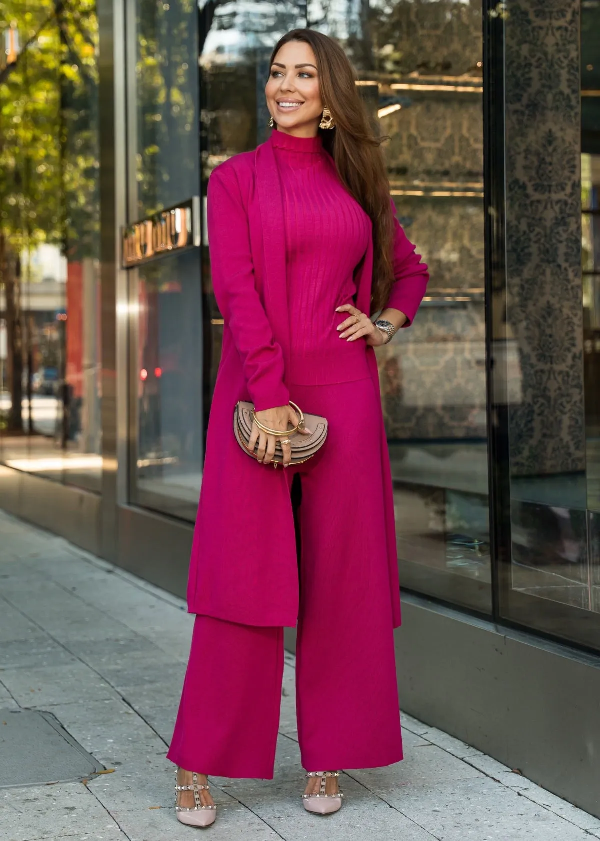 Eirini Knitted Three-Piece Pants Set - Fuchsia Pink