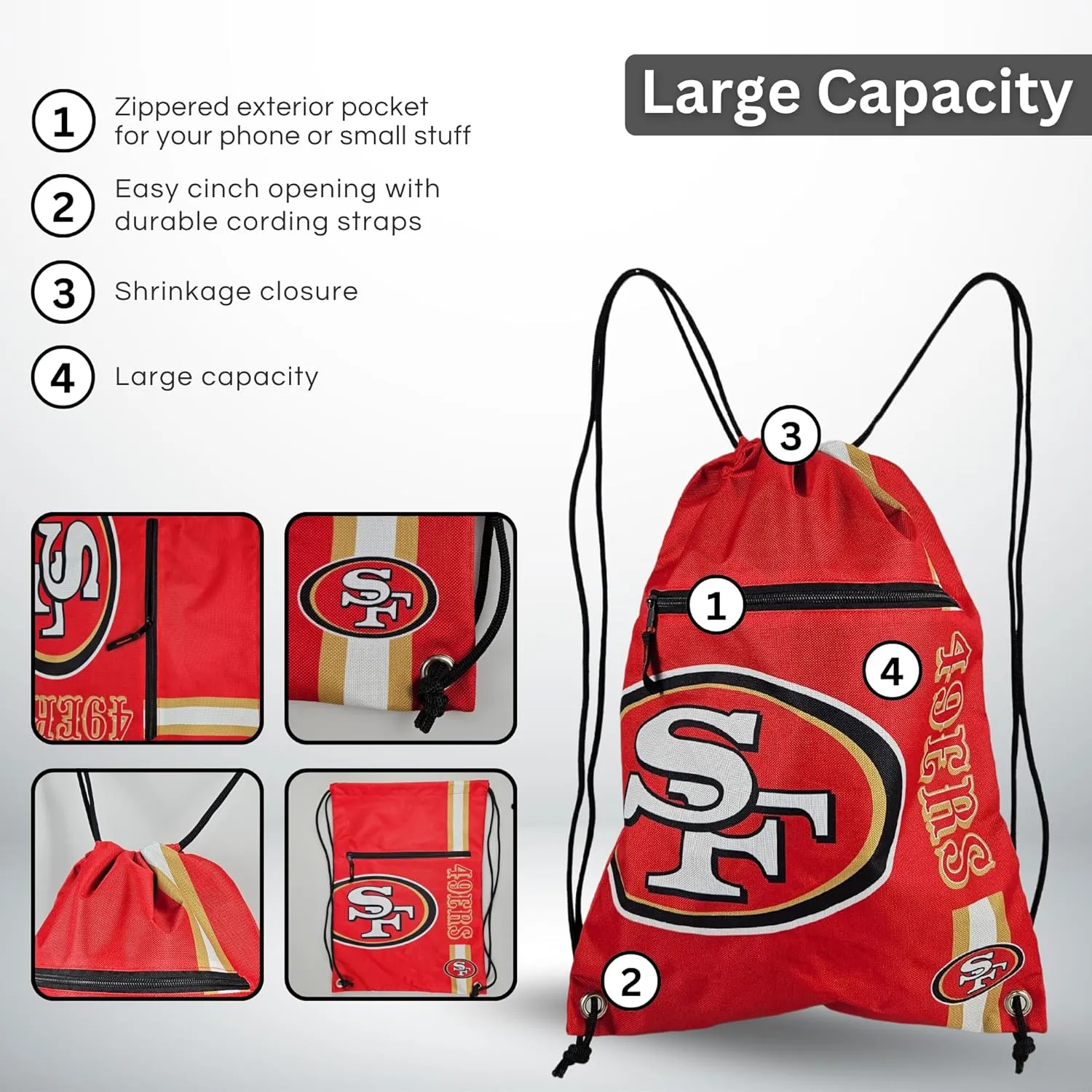 FOCO San Francisco 49ers Big Logo Drawstring Backpack with Zippered Pocket  Limited Edition Niners Bag  NFL Gear  Show Your Team Spirit with Officially Licensed 49 ers Fan Gear