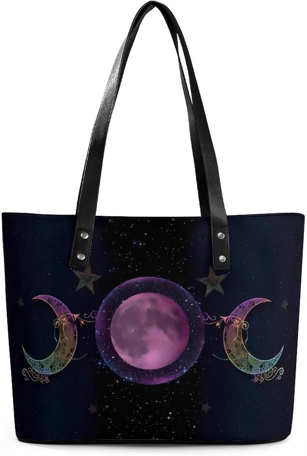 Galaxy Triple Moon Goddess Wiccan Pagan Witch Women Tote Bags Top Handle Satchel Handbags Faux Leather Tassel Shoulder Purse