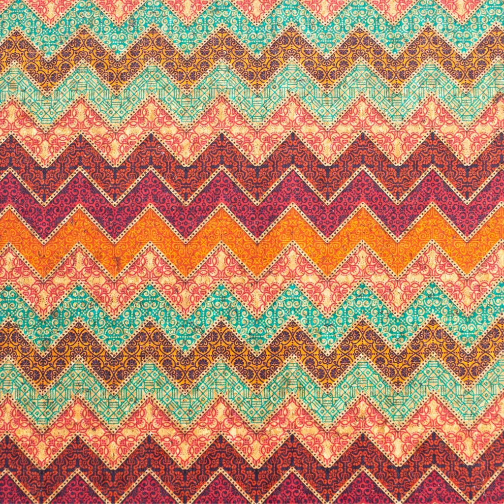 Geometric Wavy Stripes Colourful Flowers Cork Fabric COF-265-A