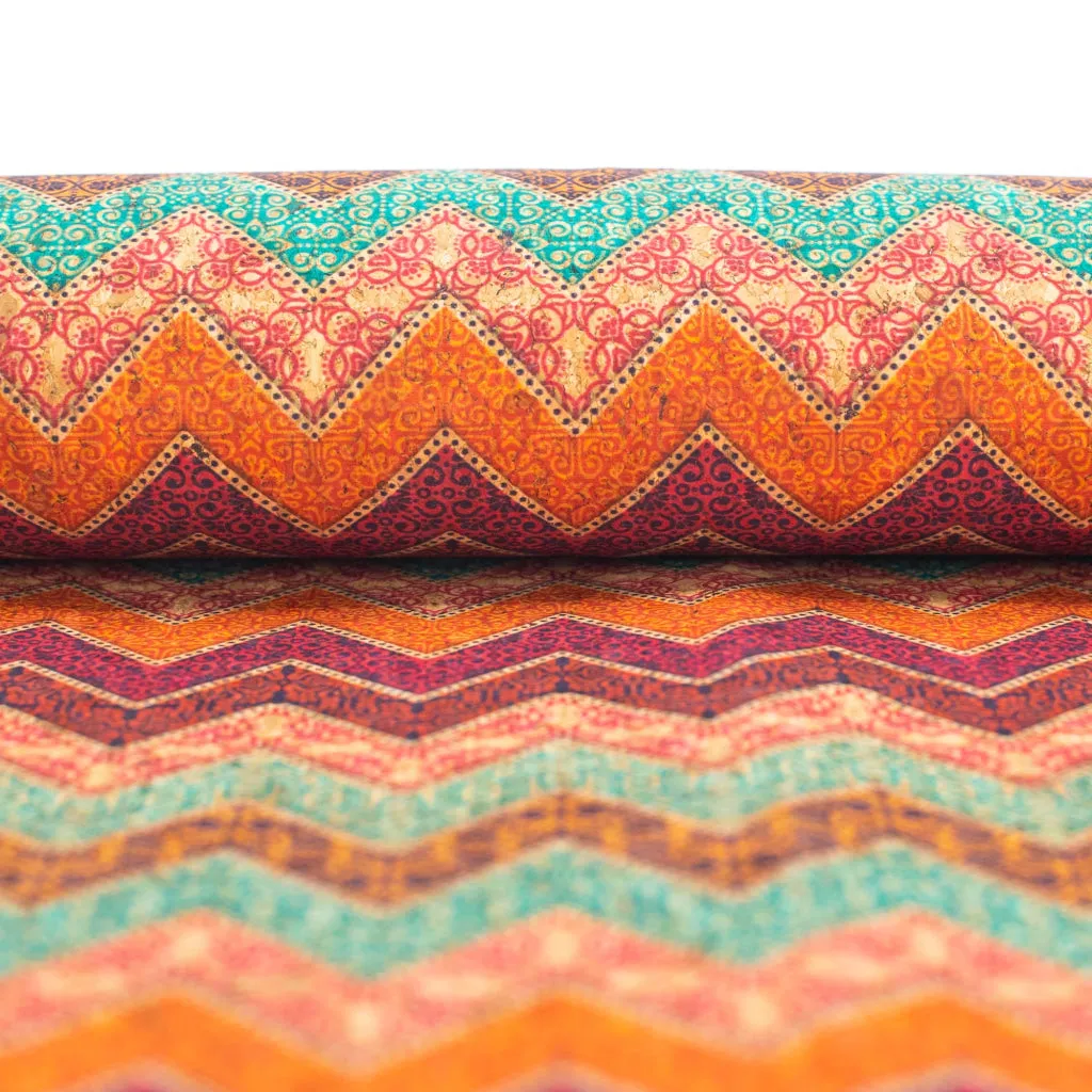 Geometric Wavy Stripes Colourful Flowers Cork Fabric COF-265-A