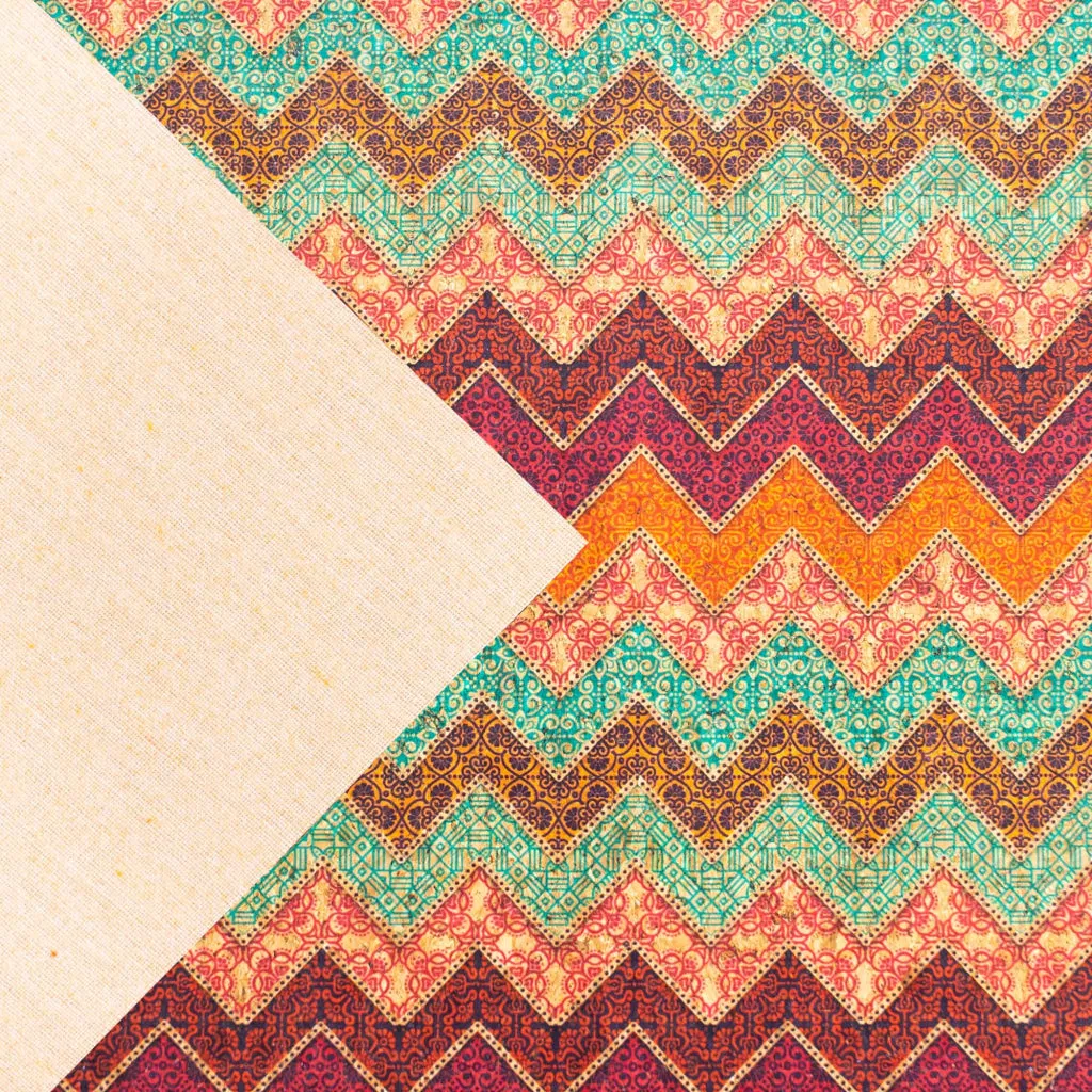 Geometric Wavy Stripes Colourful Flowers Cork Fabric COF-265-A
