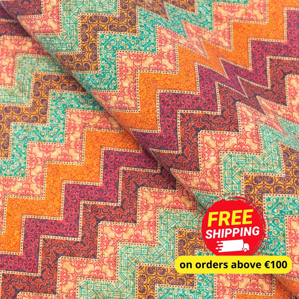 Geometric Wavy Stripes Colourful Flowers Cork Fabric COF-265-A