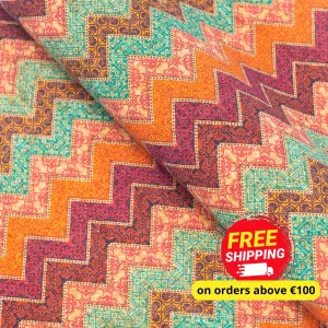 Geometric Wavy Stripes Colourful Flowers Cork Fabric COF-265-A