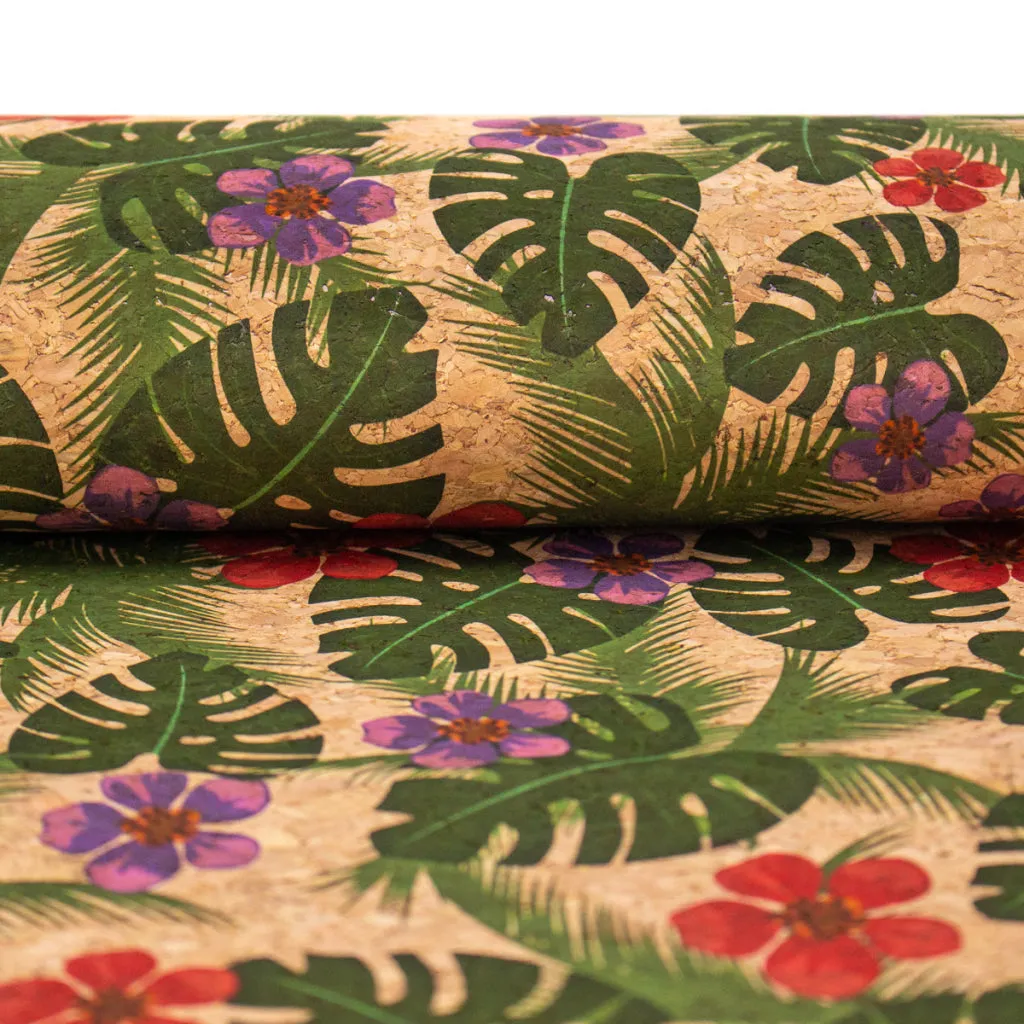 Green Palm Leaves and Flowers Cork Fabric COF-394