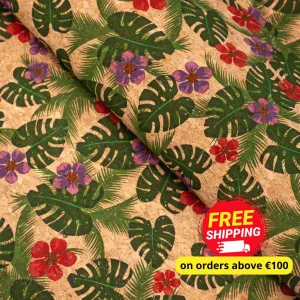 Green Palm Leaves and Flowers Cork Fabric COF-394