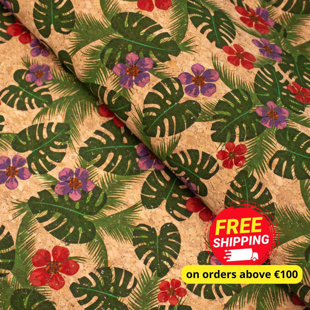 Green Palm Leaves and Flowers Cork Fabric COF-394