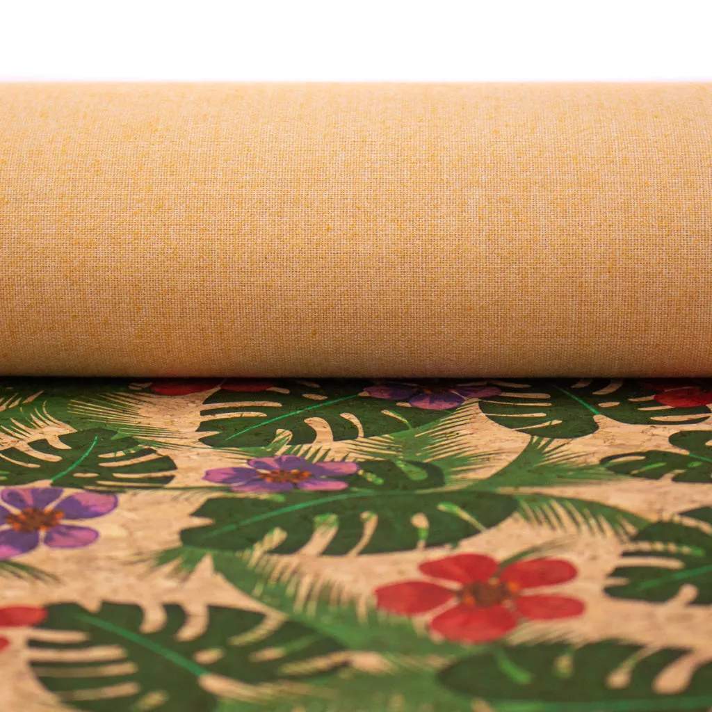 Green Palm Leaves and Flowers Cork Fabric COF-394
