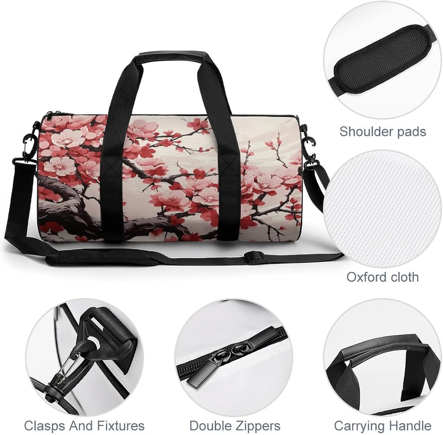 Gym Bags for Men Women Japanese Floral Cherry Blossom Duffle Bag Travel Overnight Bag with Shoe Compartment Tote Bags
