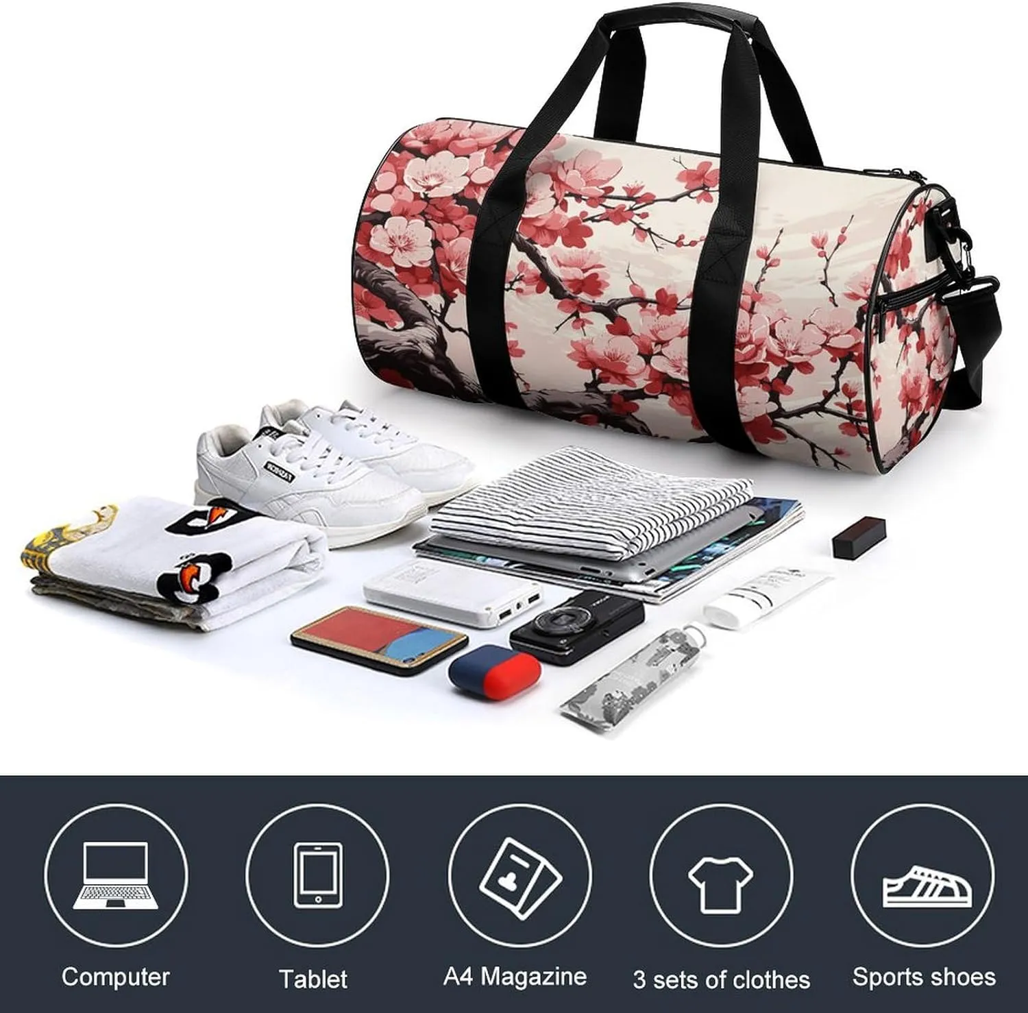 Gym Bags for Men Women Japanese Floral Cherry Blossom Duffle Bag Travel Overnight Bag with Shoe Compartment Tote Bags