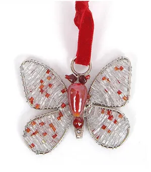 Hand Beaded Butterfly Christmas Ornament in Recycled Glass Beads - Silver/Red - Set of 2