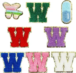 Jongdari 2.2 Inch Self Adhesive Chenille Letter Patches, Varsity Fuzzy Glitter Alphabet for Backpacks Bags Fabric Clothes Hats (6 W & 2 Random Patches)