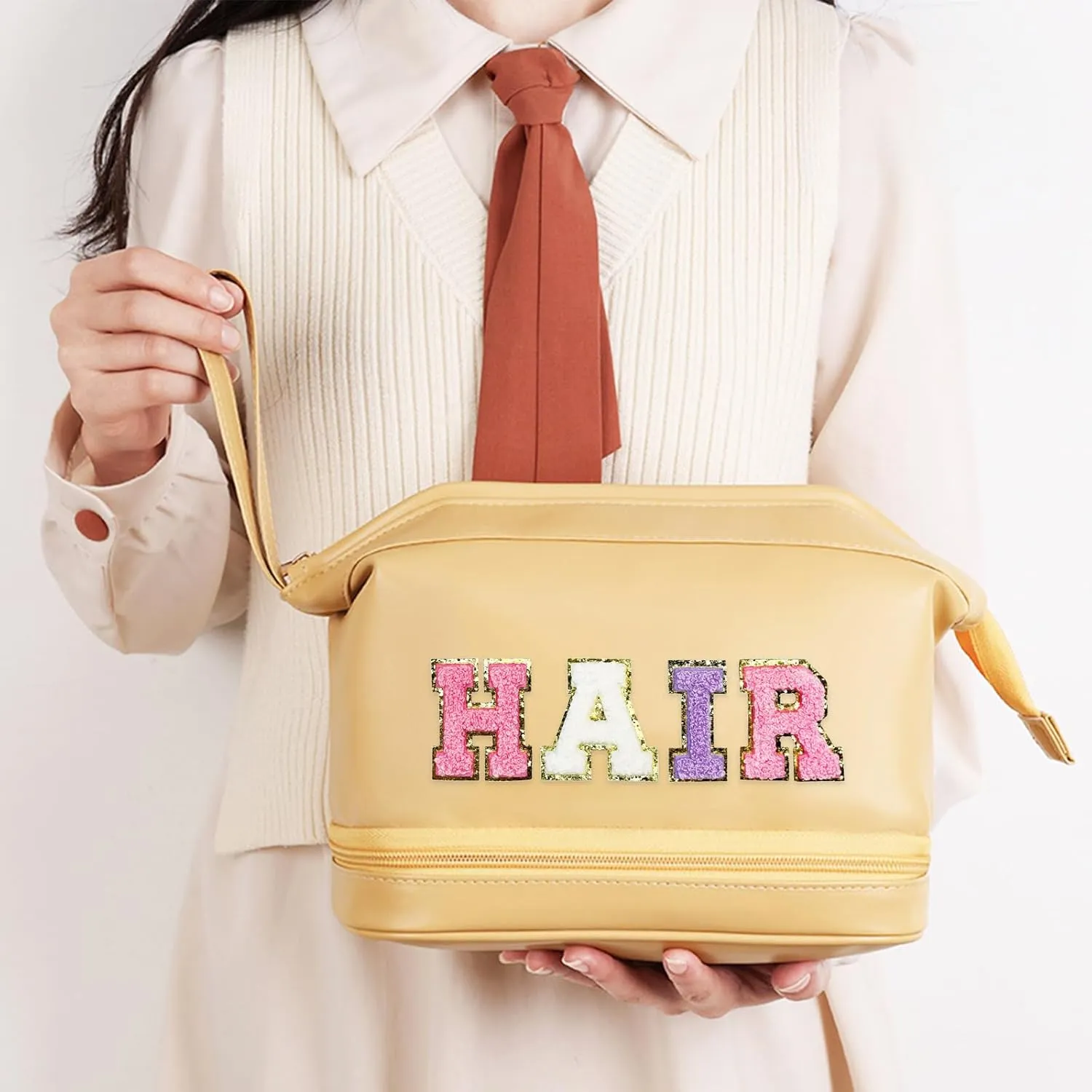 Jongdari 2.2 Inch Self Adhesive Chenille Letter Patches, Varsity Fuzzy Glitter Alphabet for Backpacks Bags Fabric Clothes Hats (6 W & 2 Random Patches)