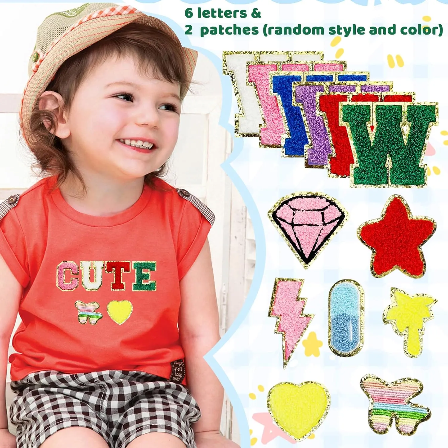 Jongdari 2.2 Inch Self Adhesive Chenille Letter Patches, Varsity Fuzzy Glitter Alphabet for Backpacks Bags Fabric Clothes Hats (6 W & 2 Random Patches)