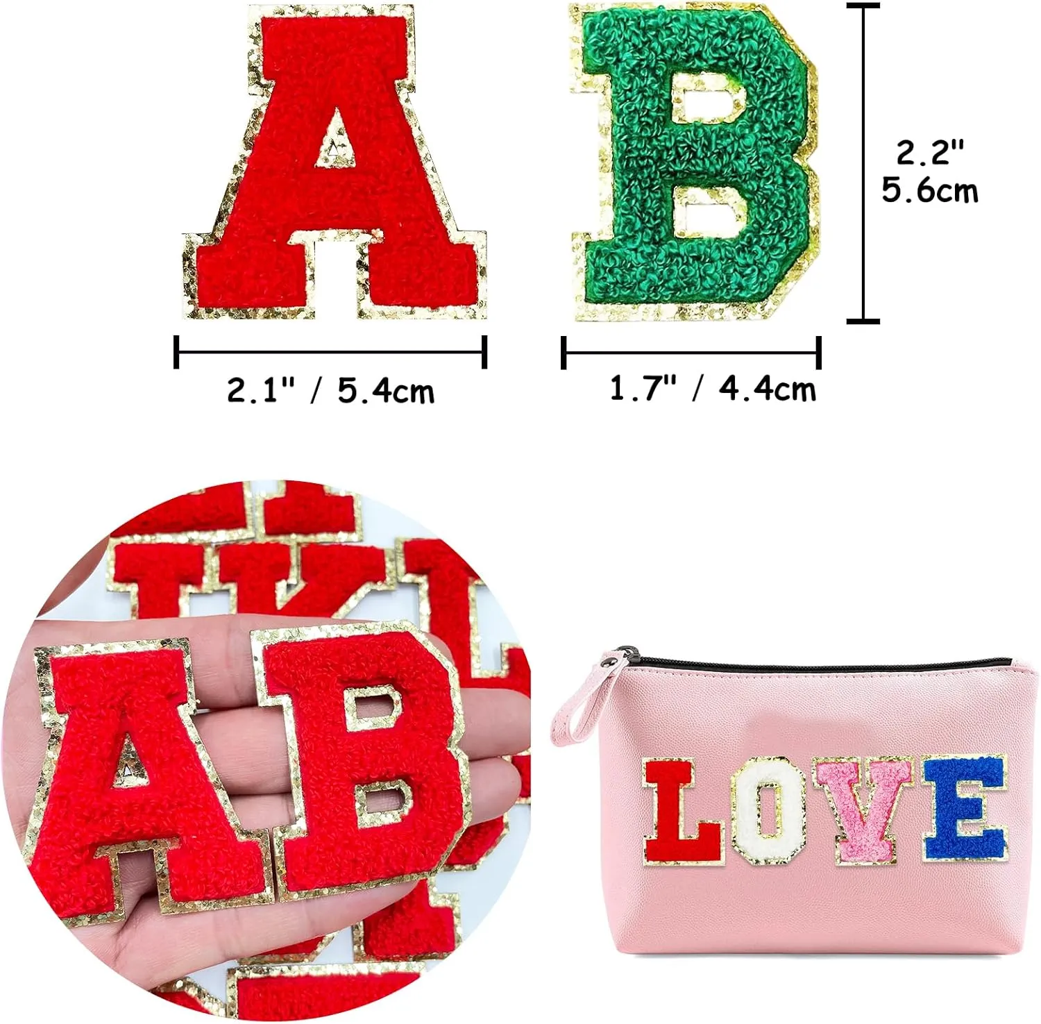 Jongdari 2.2 Inch Self Adhesive Chenille Letter Patches, Varsity Fuzzy Glitter Alphabet for Backpacks Bags Fabric Clothes Hats (6 W & 2 Random Patches)