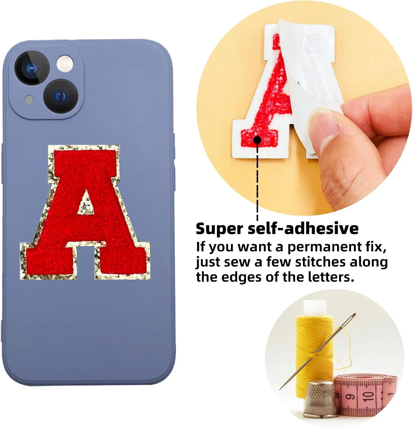 Jongdari 2.2 Inch Self Adhesive Chenille Letter Patches, Varsity Fuzzy Glitter Alphabet for Backpacks Bags Fabric Clothes Hats (6 W & 2 Random Patches)