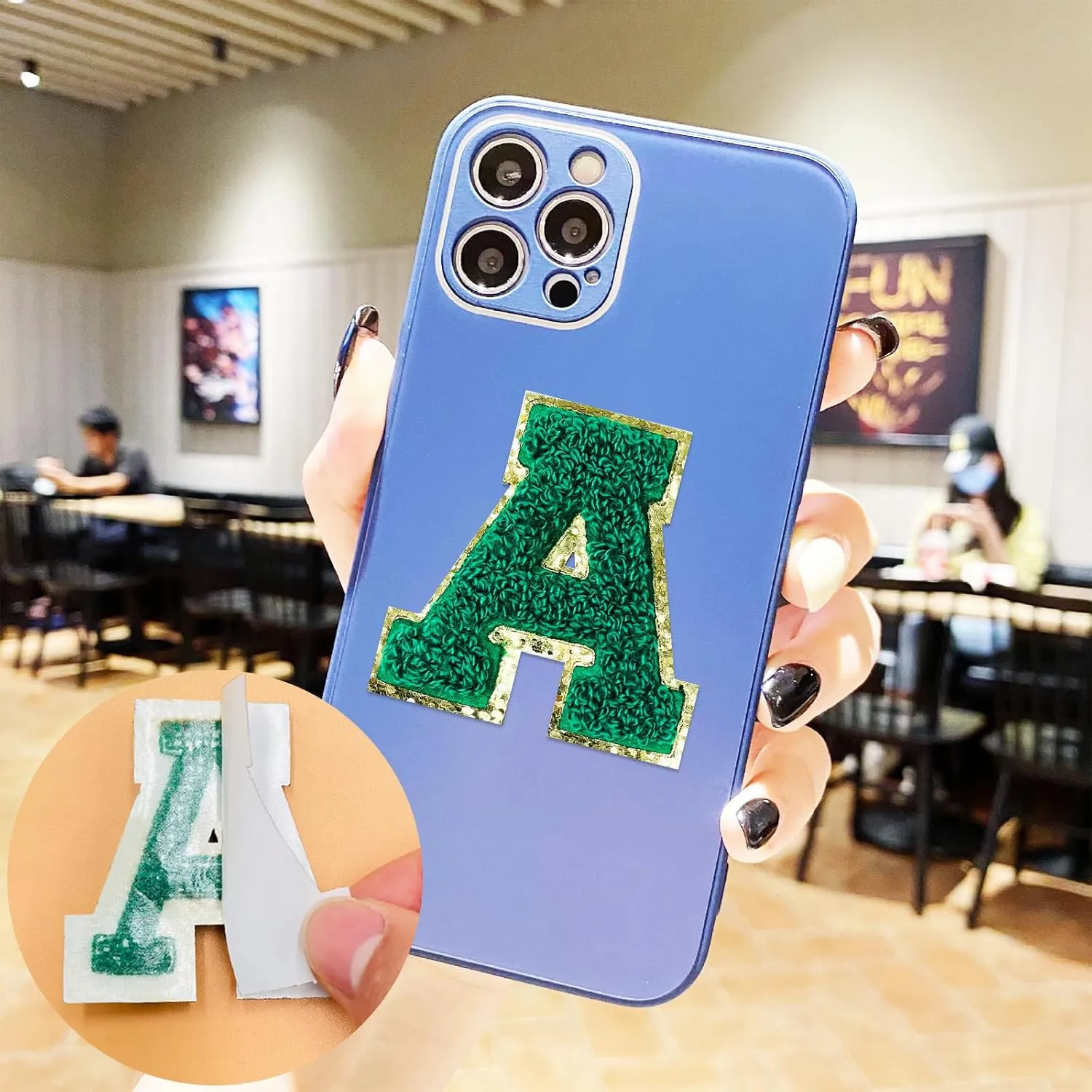 Jongdari 2.2 Inch Self Adhesive Chenille Letter Patches, Varsity Fuzzy Glitter Alphabet for Backpacks Bags Fabric Clothes Hats (6 W & 2 Random Patches)