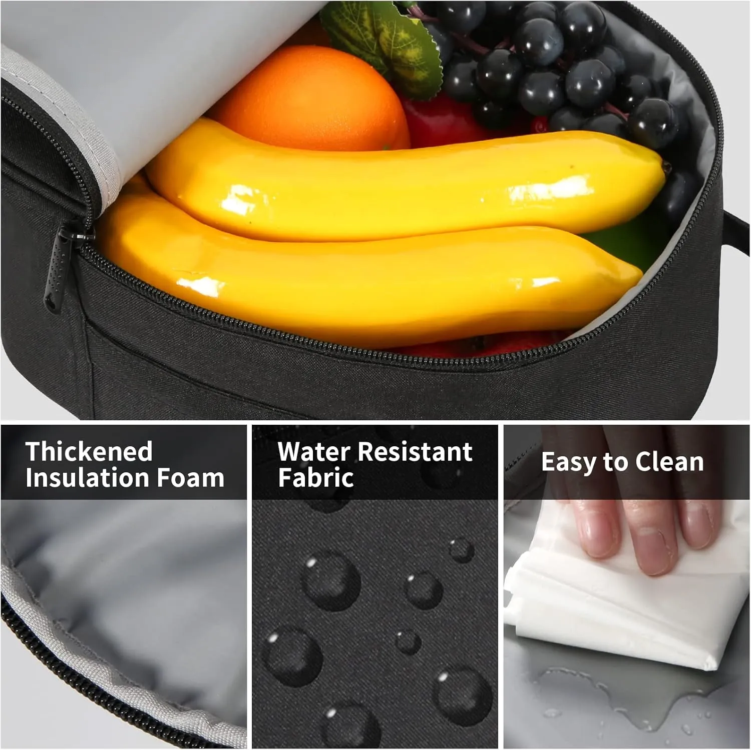 Joymee Lunch Box Insulated Lunch Bag Women Men Reusable Cooler Bag Adult Cute Lunch Tote Bags with Front Zipper Pocket,Adjustable Shoulder Strap for Work Office Picnic Travel, Black